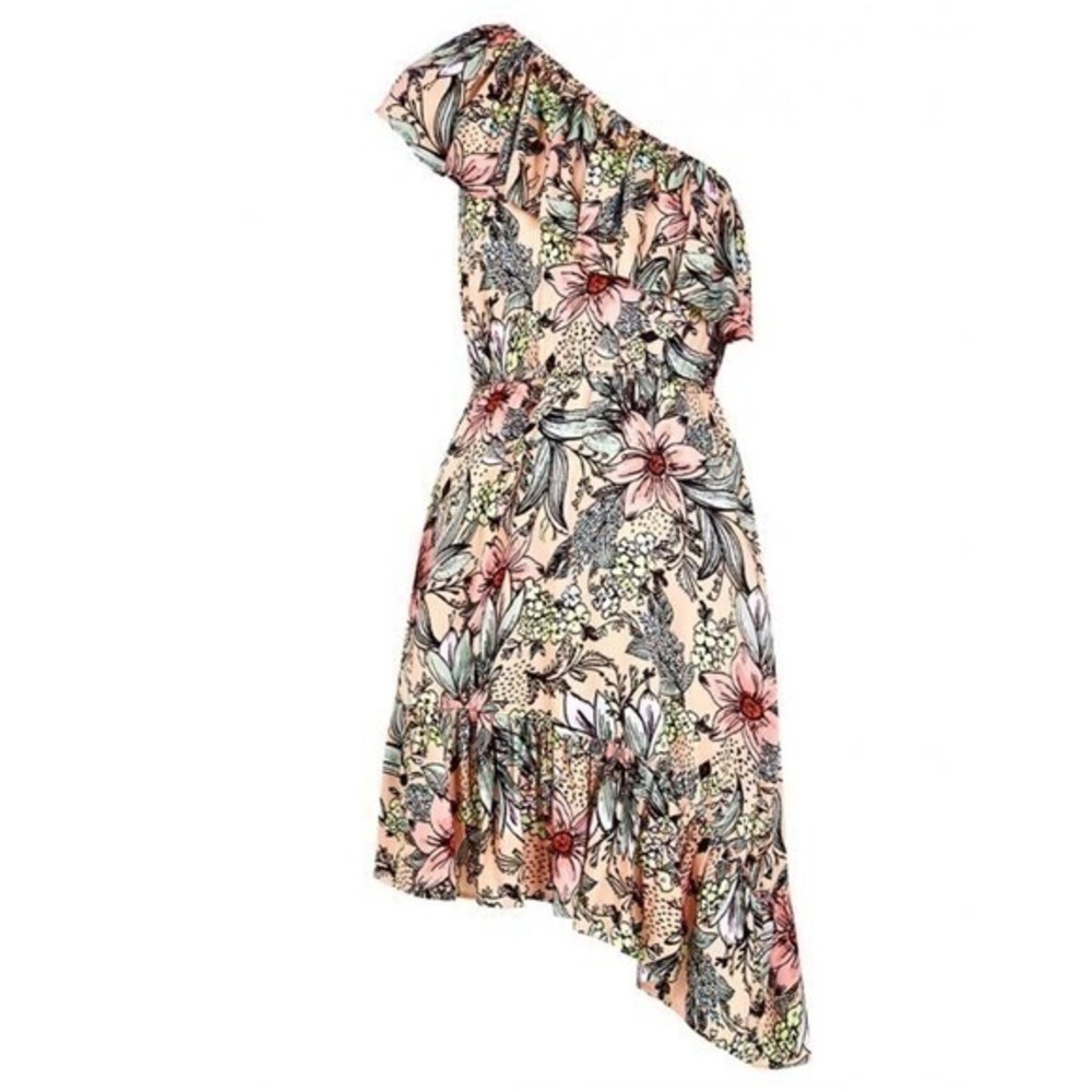 MINKPINK Womens Pink Floral One Shoulder Asymmetric Ruffle Mini Dress‎ Size S